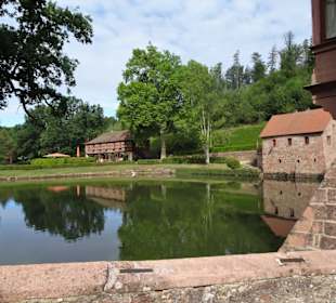 Blick vom Schloss über den umgebenden Teich