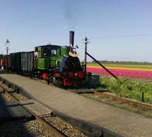 Dampfzug mit holzernen Personen- und Güterwagen
