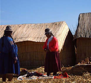 Houses on the floating island at Lake Titicaca