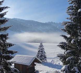 Blick vom Hotelzimmer, Loipe rechts von der Hütte