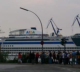 Kreuzfahrtschiff fährt an Landungsbrücken vorbei