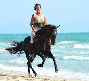 Mit Berber-Hengst "Raqas" im Galopp am Strand