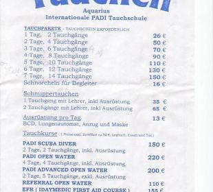 Preisliste Aquarius Tauchschule