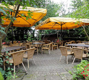 Blick in den Biergarten des Brauhauses