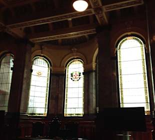 The stained glass windows of the debating chamber