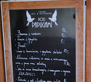 Menu  Cafe and Cinema Pod Papugami