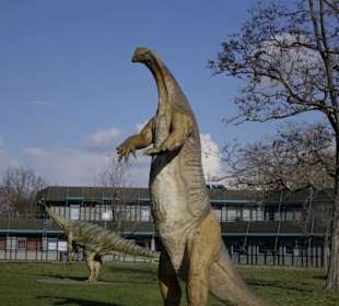 Ein Dino macht Werbung für das Museum