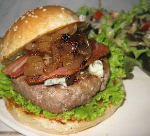 Blue cheese burger with bacon, onions and mushroom