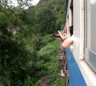 Blick aus dem Zug über die Holzkonstruktion
