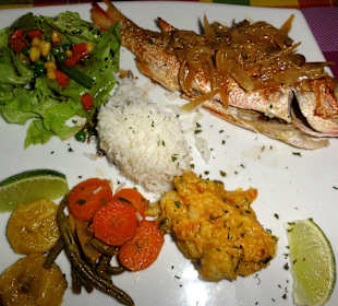 Gegrillter Fisch mit Reis und Gemüse