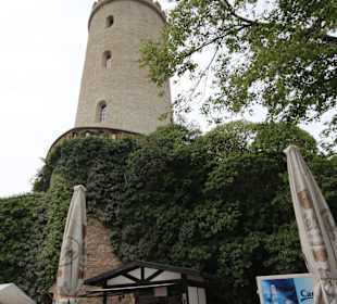 Blick vom Biergarten auf den Burg-Turm