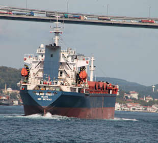 Ozeanriese unter einer Bosporusbrücke