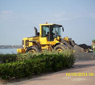 Mit Baggern wird der Müll am Strand beseitigt