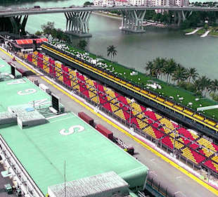 Blick vom Flyer auf die F1-Boxengasse