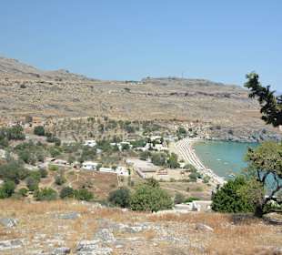 Blick auf den Sandstrand von Lindos