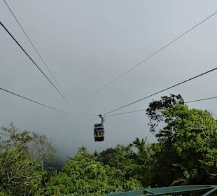 Seilbahn aus dem Nebel kommen