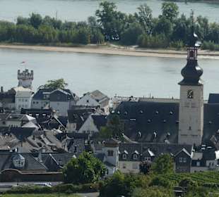 Blick von den Weinbergen auf Rüdesheim und Kirche