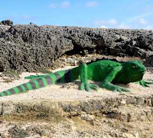 Großplastik eines Leguans am zentralen Parkplatz