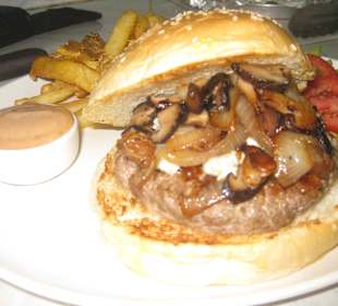 Feta burger with caramelized onions and mushrooms