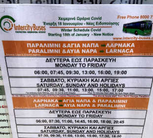 Busfahrplan von Larnaka nach Nissi Beach/Ayia Napa