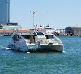 Ein Rundfahrt-Katamaran fährt in den Hafen