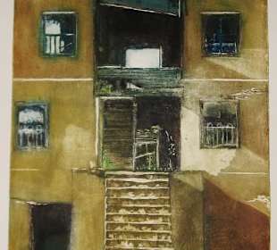 Hausfassade in Alanya Farbradierung