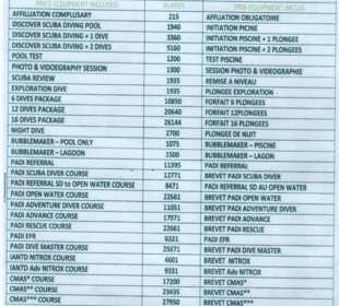 Preisliste Gerätetauchen