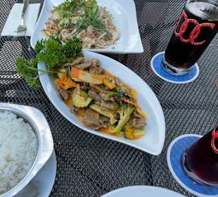Udonnudeln und Gaeng Ped Nuah