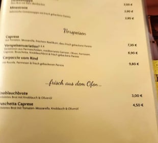 Auszug aus der Speisekarte