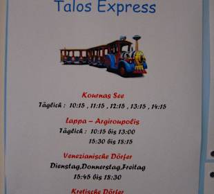 Zeiten der Bimmelbahn ab Corissia Beach