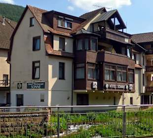 Der Blick am Fluss auf das Hotel Restaurant Sonne.