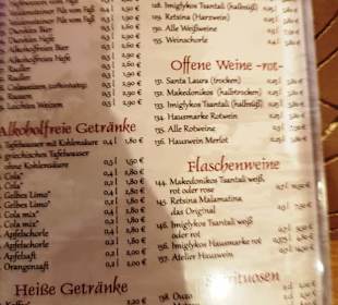 Auszug aus der Speisekarte