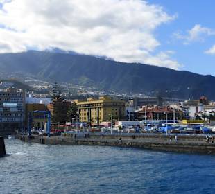 Blick von der Hafenmole auf den Hafen + die Stadt