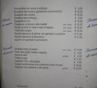 Speisekarte vom Lokal