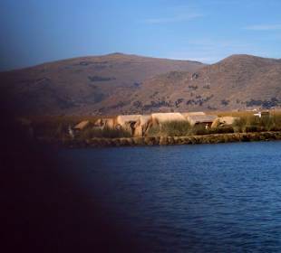 Houses of floating islands at Lake Titicaca