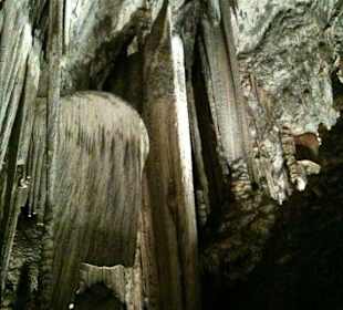 Beleuchtete Stalagmiten und Stalagtiten