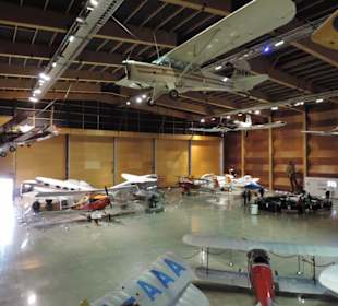 Militär und Zivilflugzeuge in einer Halle