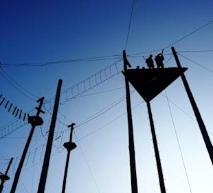 Der 14 m hohe Hochseilgarten (unten)