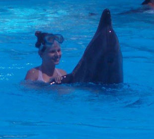 Córka z delfinkiem w delfinarium dolphinella