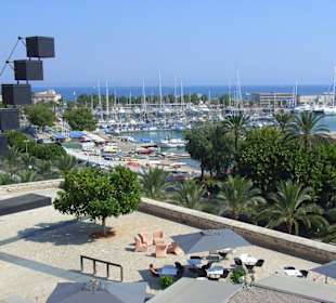 Blick über das Museumscafe zum Hafen