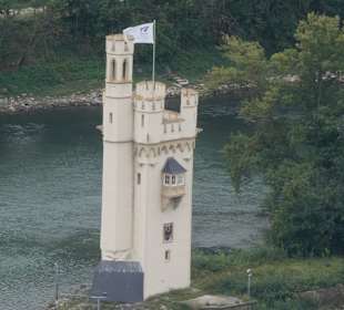 Blick zum Bingener Mäuseturm im Rhein