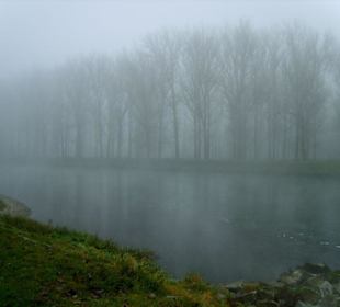 Die Isar schweigt im Nebel