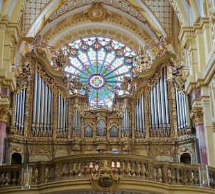 Blick auf Orgel und Fensterrose der Abteikirche