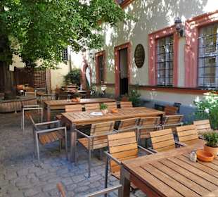 Der Biergarten des Schlenkerla hinter dem Haus