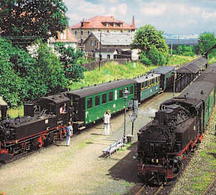 Gleichzeitige Doppelausfahrt zweier Dampfzüge 