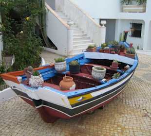 Buntes Boot mit Blumentöpfen