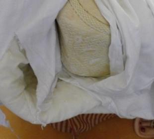 Bettlagen mehrfach eingerissen, Kopfkissen unterm Bezug vergilbt Grand Makadi