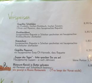 Auszug aus der Speisekarte