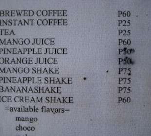 Auszug aus der Getränkekarte