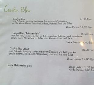Auszug aus der Speisekarte